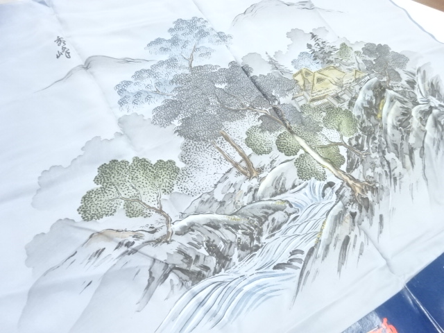 JAPANESE KIMONO / ANTIQUE CLOTH FOR MENS SHOULDER LINING / SILK / SCENERY OF HOUSES